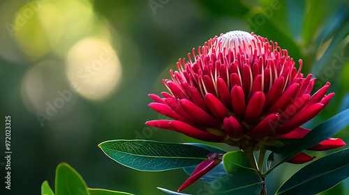 A close-up of a striking waratah flower in bloom, with its bright red petals standing out against the green foliage  photo