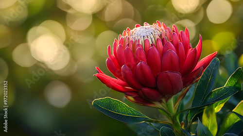 Fototapeta Naklejka Na Ścianę i Meble -  A close-up of a striking waratah flower in bloom, with its bright red petals standing out against the green foliage 