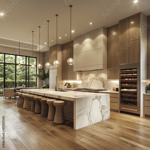 Modern Kitchen Island with Marble Countertop and Wine Fridge