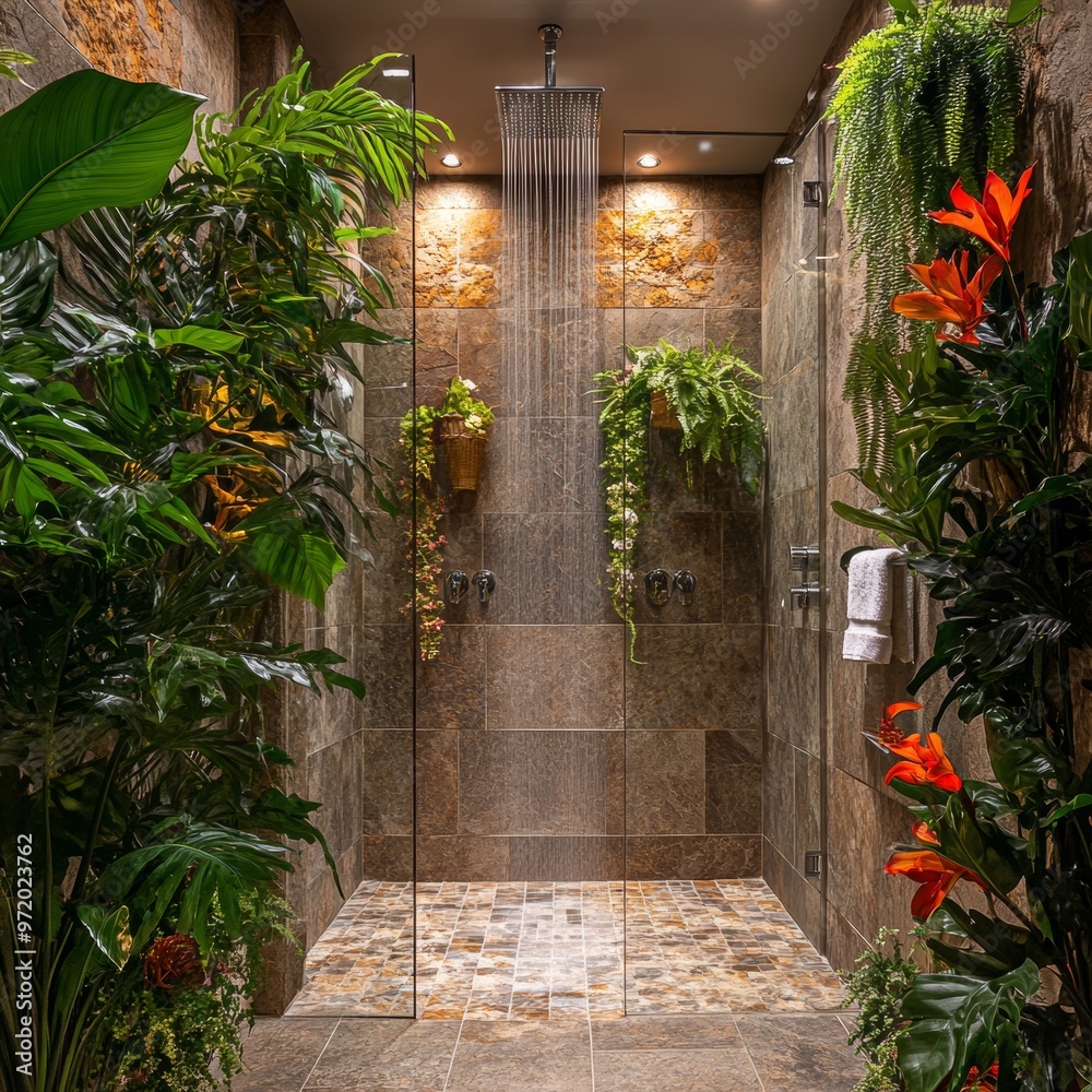 Naklejka premium Luxurious Tropical Shower Room with Stone Tile and Rain Showerhead
