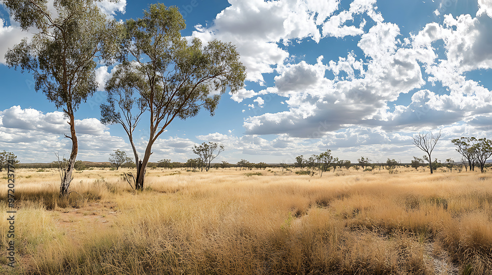 A wide-angle shot of an Australian outback landscape, featuring resilient desert flora such as spinifex and mulga trees A wide-angle shot of an Australian outback landscape, featuring resilient desert flora such as spinifex and mulga trees