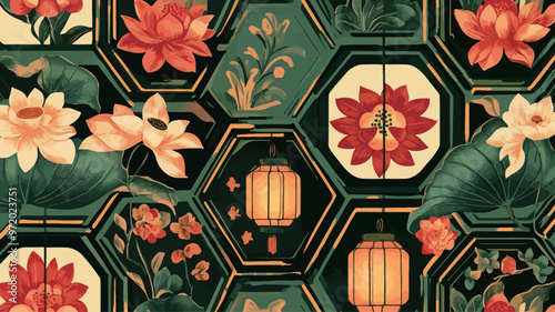 Oriental art style design drawing, with Lotus, lotus leaf and lantern as the main elements. The Lotus in the picture is brightly colored

