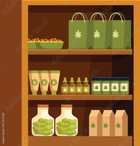 Wooden shelf displaying various cannabis products for retail sale, including edibles, topicals, and more