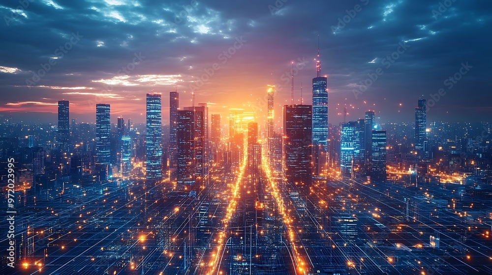 Fototapeta premium Futuristic city glowing under a night sky, with bright neon lines representing data pathways connecting the sleek high-tech towers.