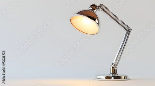 27. A lifelike 3D render of a contemporary desk lamp with a metallic finish, isolated on a pristine white background