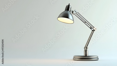 27. A lifelike 3D render of a contemporary desk lamp with a metallic finish, isolated on a pristine white background