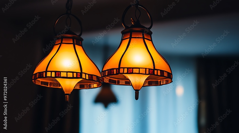 Two Tiffany-Style Lamps Hanging in a Dim Room Two Tiffany-Style Lamps Hanging in a Dim Room