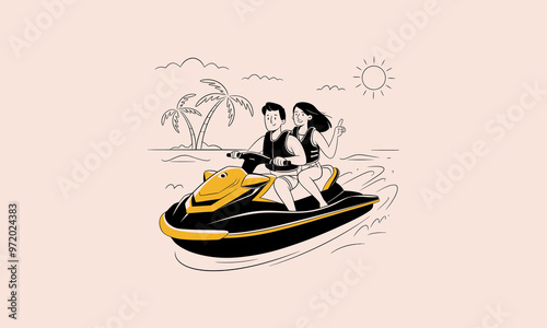 A couple riding a yellow jet ski on the water, enjoying the beach