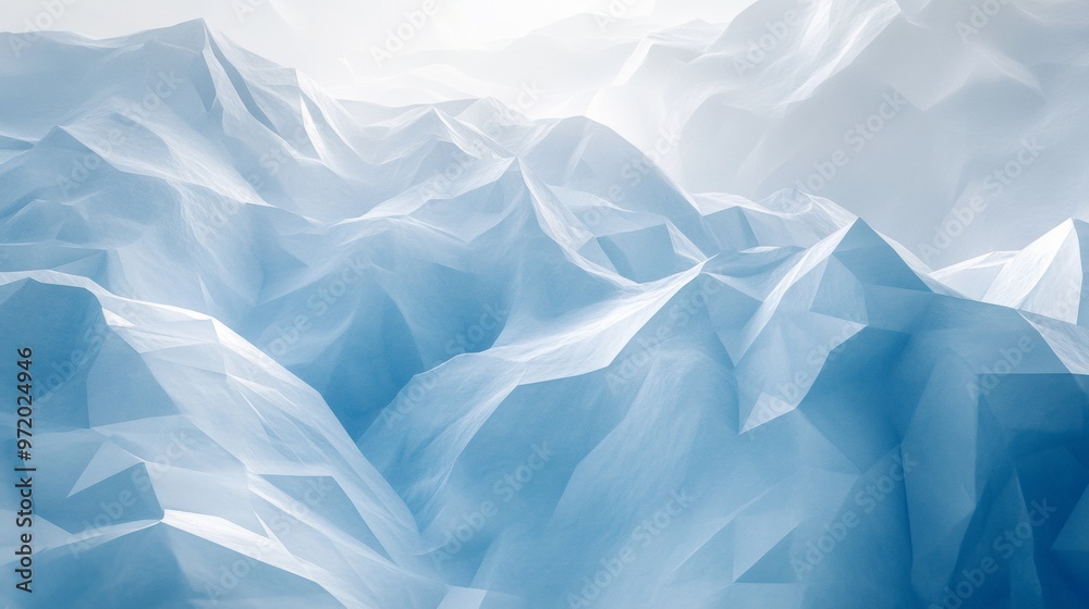Fototapeta premium Abstract background with low-poly shapes and frozen ice mountains, a 3D rendering illustration of a polygonal landscape with simple geometric forms,