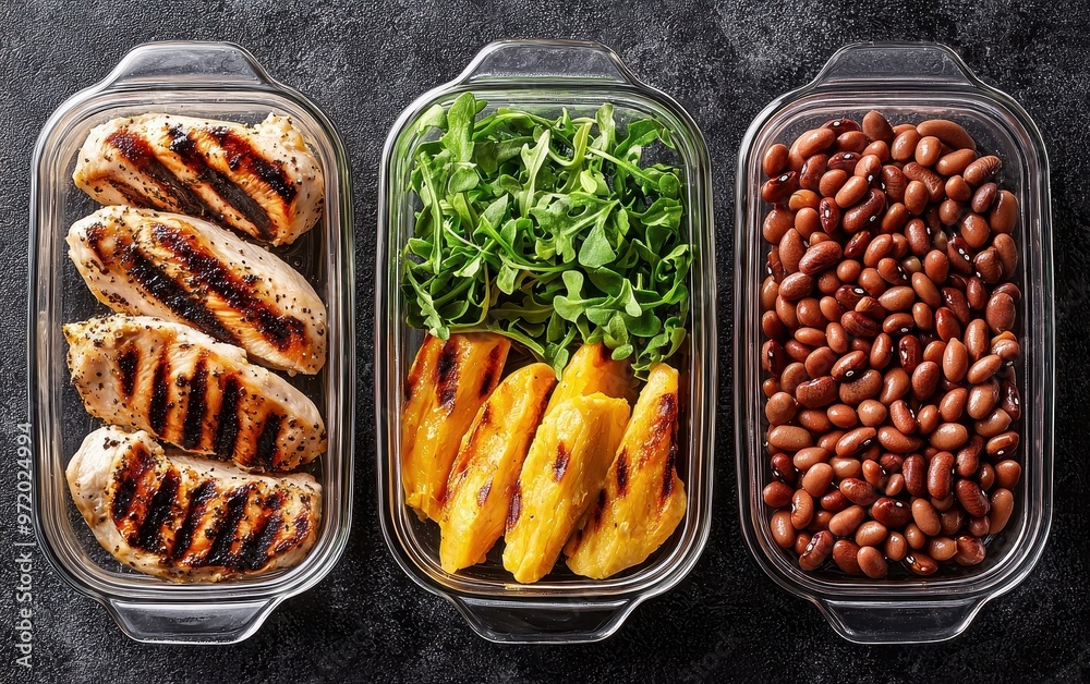 Grilled chicken, roasted vegetables, and fresh greens arranged in meal prep containers for healthy eating and balanced diet. Grilled chicken, roasted vegetables, and fresh greens arranged in meal prep containers for healthy eating and balanced diet.