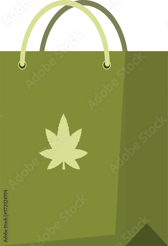 Simple vector illustration of a green shopping bag featuring a cannabis leaf logo, representing legal marijuana dispensaries