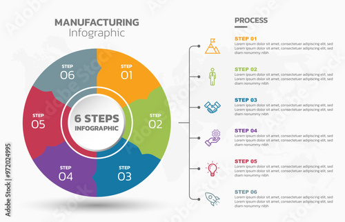 Visual data presentation. Cycle diagram with 6 options. Pie Chart Circle infographic template with 6 steps, options, parts, segments. Business concept. Marketing infographic vector illustration.