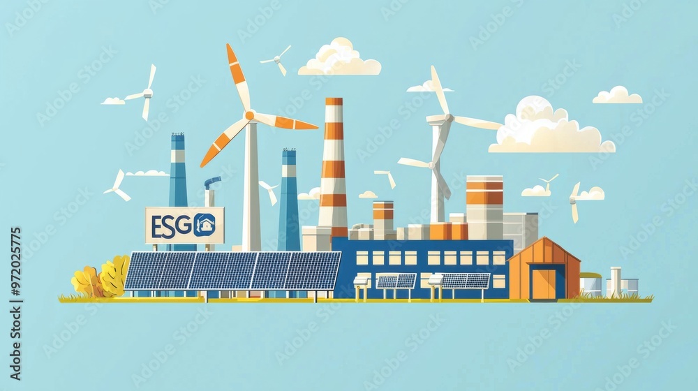 Obraz premium Sustainable Energy Production Facility with Wind Turbines and Solar Panels