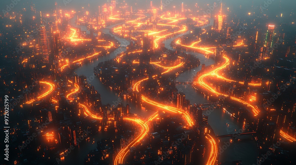 A dense metropolis seen from above, illuminated by glowing digital networks connecting smart homes, buildings, and roads. The vibrant neon pathways pulse with data, A dense metropolis seen from above, illuminated by glowing digital networks connecting smart homes, buildings, and roads. The vibrant neon pathways pulse with data,