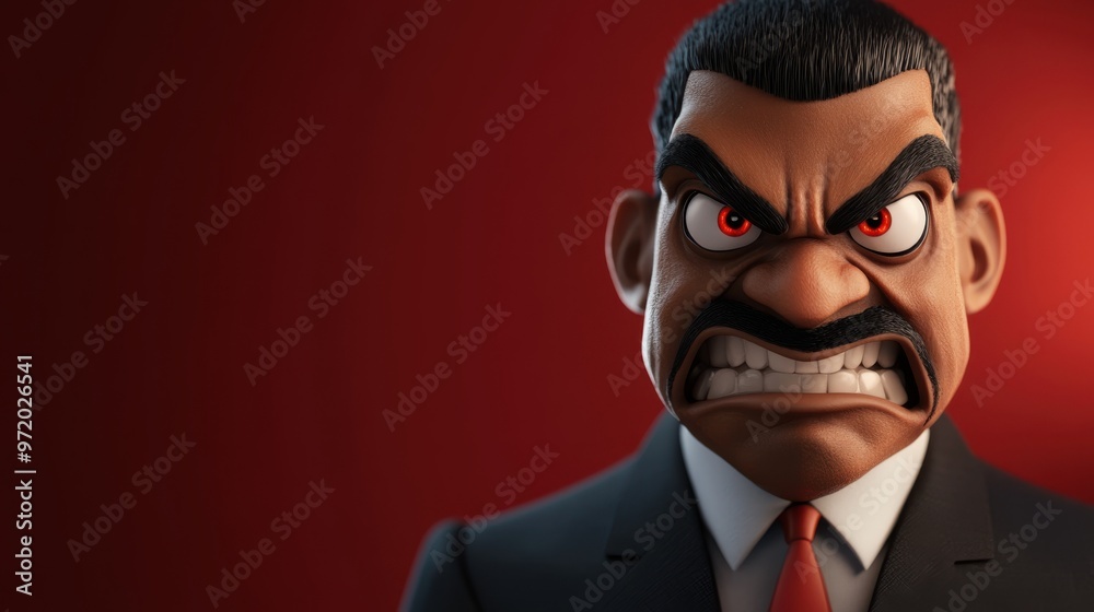 3D character close up portrait of a furious African-American man in a formal suit, with clenched teeth and fiery eyes, with a dark red gradient background, copy space, cartoon style, 3D 3D character close up portrait of a furious African-American man in a formal suit, with clenched teeth and fiery eyes, with a dark red gradient background, copy space, cartoon style, 3D