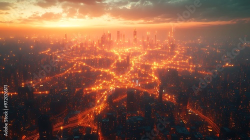 A drone’s-eye view of a futuristic city lit up by glowing data cables and wireless signals, connecting every building and transportation hub.