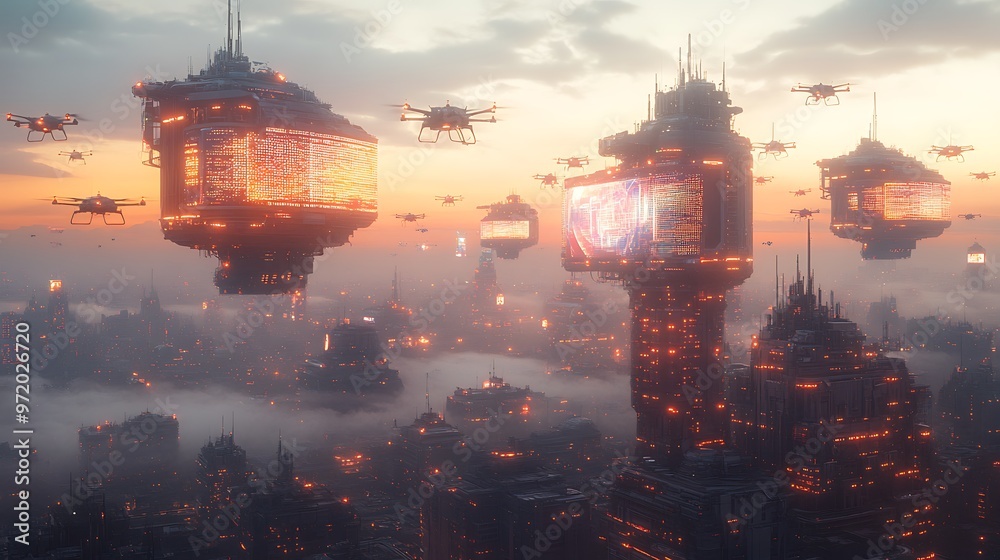 A dynamic city filled with floating drones and holographic billboards, where glowing data networks visibly connect each building. A dynamic city filled with floating drones and holographic billboards, where glowing data networks visibly connect each building.