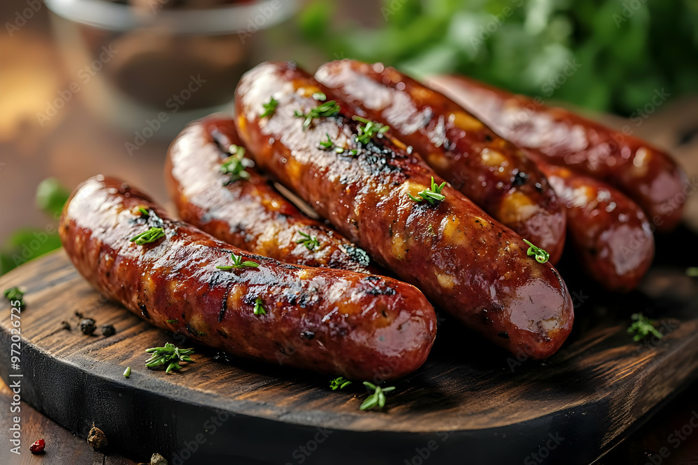 Grilled Sausages on Wooden Cutting Board with Thyme and Peppercorns Grilled Sausages on Wooden Cutting Board with Thyme and Peppercorns