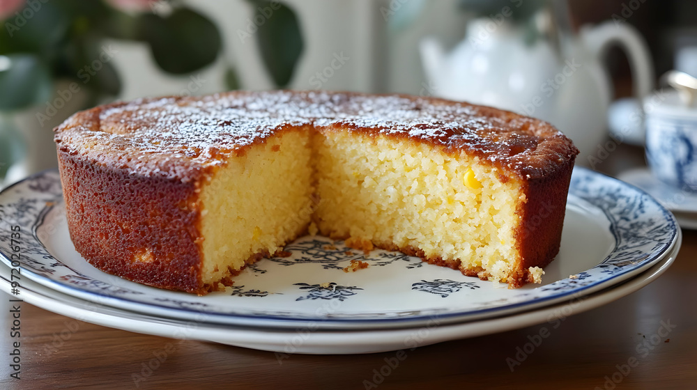 Delicious Homemade Cornbread with Powdered Sugar on a Blue and White Plate Delicious Homemade Cornbread with Powdered Sugar on a Blue and White Plate