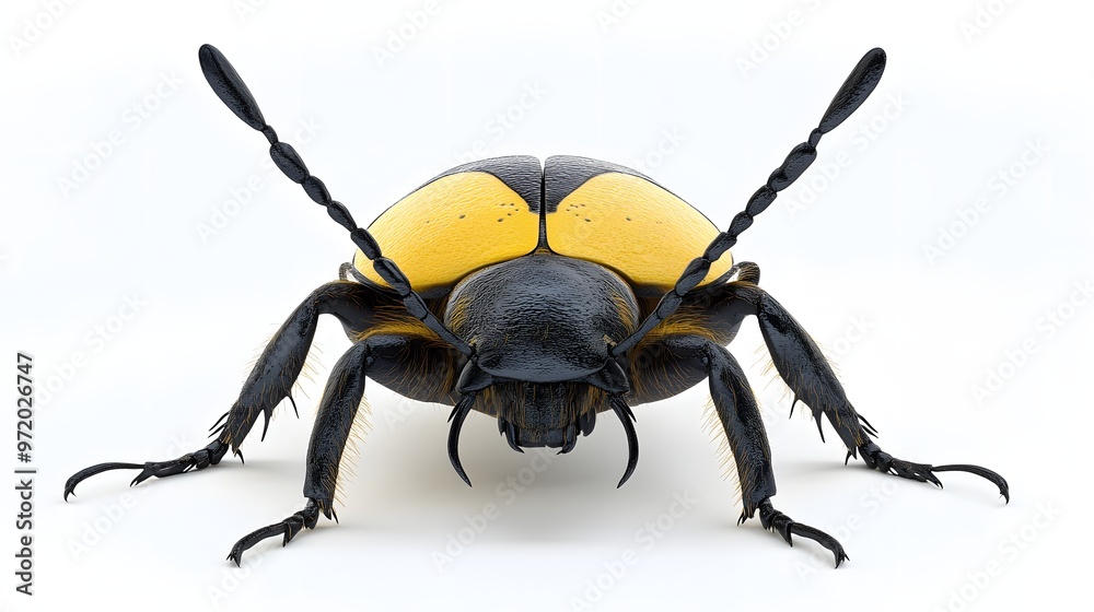 91. A lifelike 3D render of a large yellow and black beetle with fine textures, isolated on a pristine white background 91. A lifelike 3D render of a large yellow and black beetle with fine textures, isolated on a pristine white background