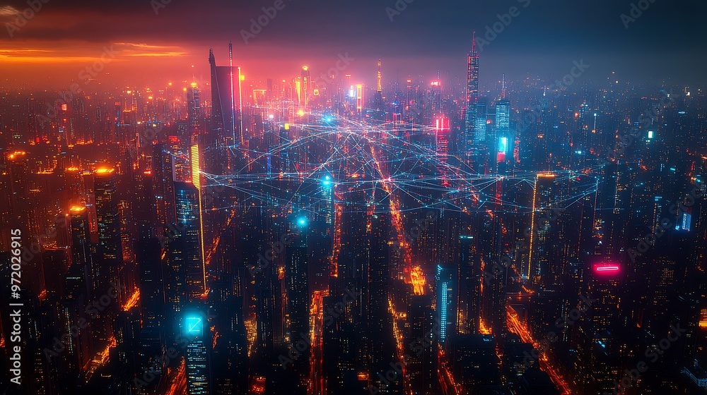 Fototapeta premium A futuristic aerial view of a smart cityscape at night, illuminated by vibrant neon communication lines connecting sleek skyscrapers and advanced transportation systems, reflecting on glass facades.