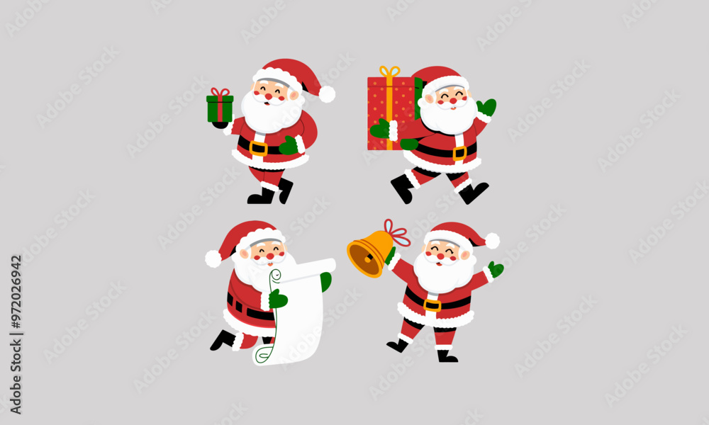 Santa Claus holding gifts, ringing a bell, and reading a list. Santa Claus holding gifts, ringing a bell, and reading a list.