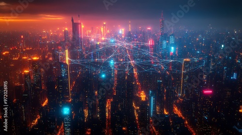 A futuristic aerial view of a smart cityscape at night, illuminated by vibrant neon communication lines connecting sleek skyscrapers and advanced transportation systems, reflecting on glass facades.