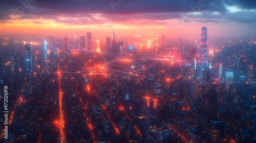 A futuristic aerial view of a smart cityscape at night, illuminated by vibrant neon communication lines connecting sleek skyscrapers and advanced transportation systems, reflecting on glass facades.