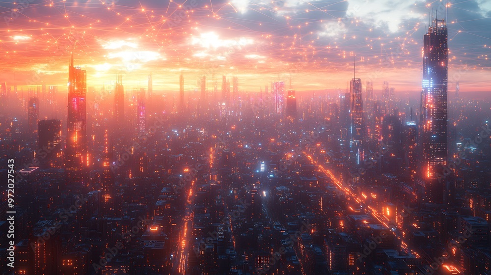 A futuristic city filled with activity, with glowing communication lines connecting streets, skyscrapers, and transportation networks. A futuristic city filled with activity, with glowing communication lines connecting streets, skyscrapers, and transportation networks.