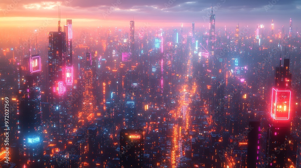 Fototapeta premium A futuristic city filled with activity, with glowing communication lines connecting streets, skyscrapers, and transportation networks.