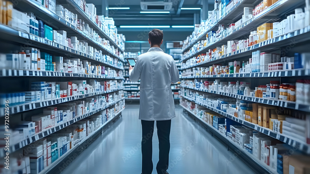 Pharmacist Checking Inventory in Pharmacy Aisle Pharmacist Checking Inventory in Pharmacy Aisle