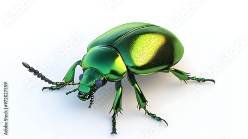 94. A lifelike 3D render of a bright green beetle with reflective surface, isolated on a pristine white background photo