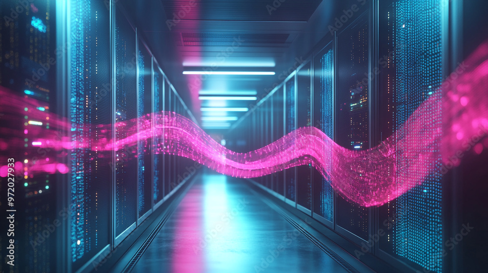 Naklejka premium A digital corridor of servers and vibrant data flow in a futuristic tech facility
