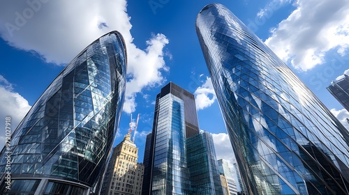 Modern Glass Skyscrapers Against Blue Sky with Clouds photo