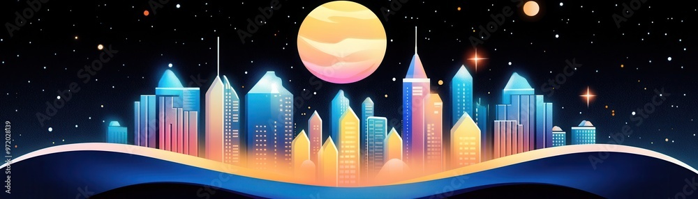 Fototapeta premium A vibrant digital skyline featuring colorful buildings under a glowing moonlight with a cosmic backdrop.