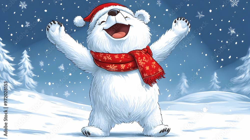 Happy Polar Bear in Winter Wonderland with Red Scarf and Santa Hat Happy Polar Bear in Winter Wonderland with Red Scarf and Santa Hat