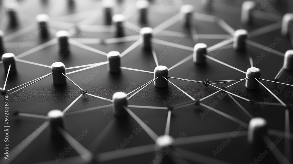 © ShinneProject - Abstract network of interconnected pins on a black surface.