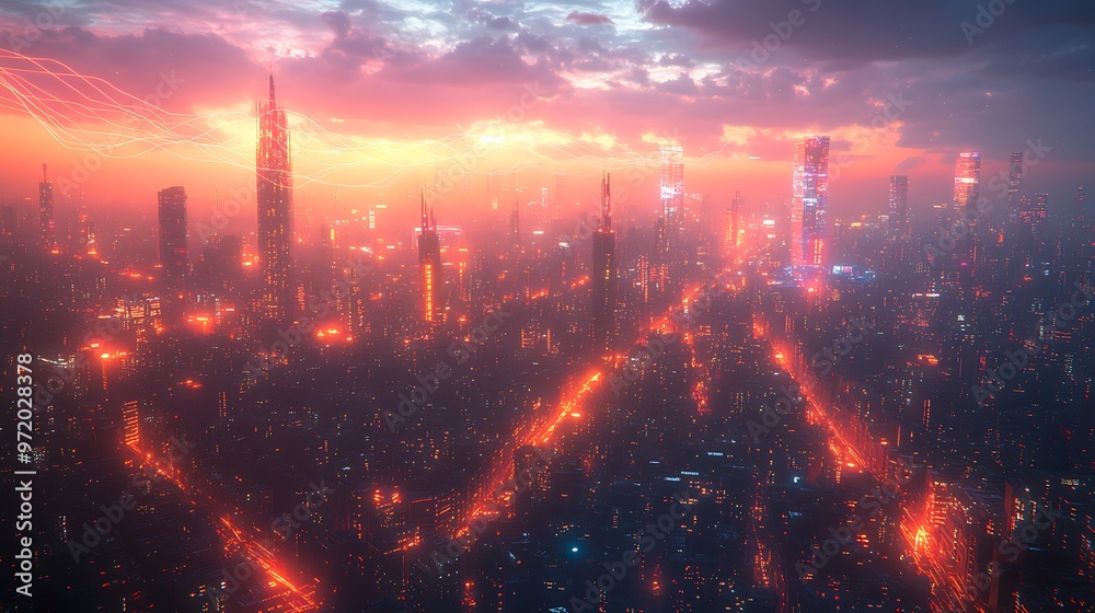 Fototapeta premium A futuristic city pulsing with vibrant data streams, glowing lines of communication and electricity weaving through the streets and high-rise buildings.