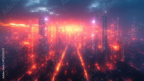 A futuristic city pulsing with neon lines of data and electricity, connecting skyscrapers and streets in a digital web. The skyline glows with vibrant colors, creating a high-tech atmosphere,