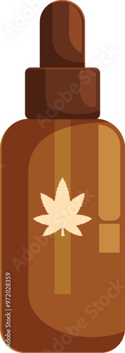 Brown glass dropper bottle containing cbd oil with a cannabis leaf logo, isolated on a white background