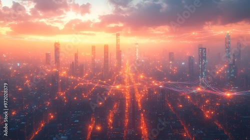 Wallpaper Mural A futuristic city pulsing with vibrant data streams, glowing lines of communication and electricity weaving through the streets and high-rise buildings. Torontodigital.ca