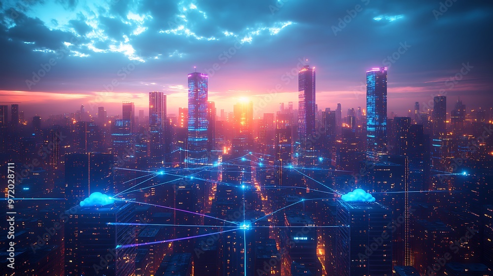 A futuristic city skyline with towering high-rises connected by glowing blue and purple lines, symbolizing cloud networks and wireless connectivity. The city pulses with digital energy,