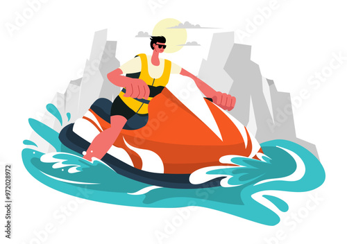 Vector Illustration of People Riding Jet Skis with Summer Vacation Recreation and Resort Beach Activities in Flat Extreme Water Sports Background