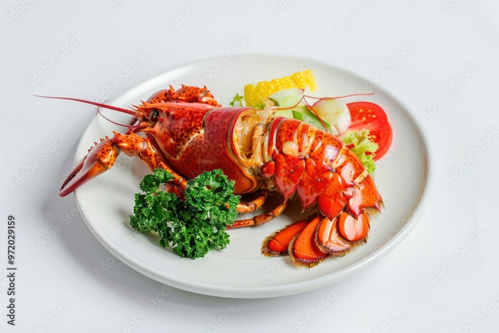 Boiled Lobster Seafood Dish Served on a White Plate Boiled Lobster Seafood Dish Served on a White Plate
