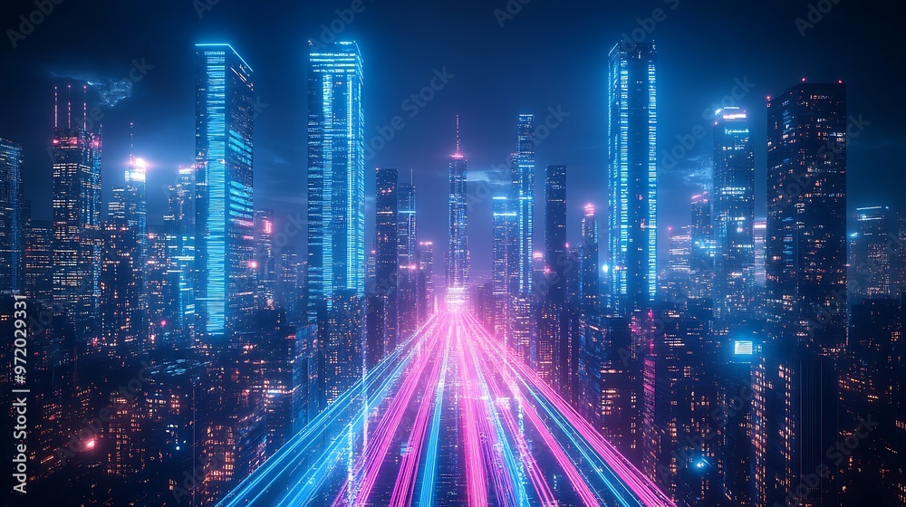 A futuristic metropolis at night, with glowing neon blue and pink pathways representing data streams flowing between towering skyscrapers. The city is alive with digital energy, A futuristic metropolis at night, with glowing neon blue and pink pathways representing data streams flowing between towering skyscrapers. The city is alive with digital energy,