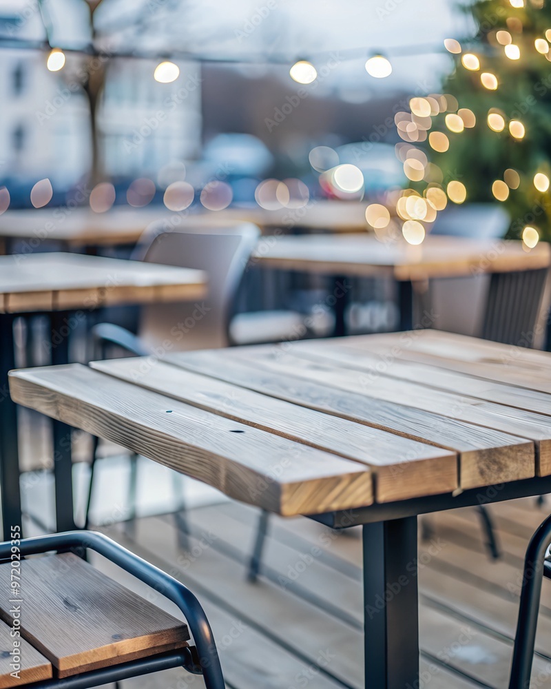 photo wooden table and blurred background of outdoor restaurant with bokeh light photo wooden table and blurred background of outdoor restaurant with bokeh light