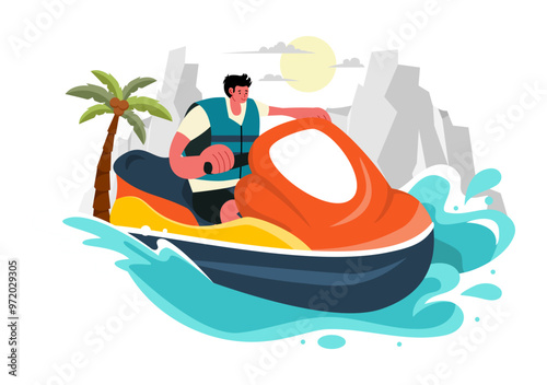 Vector Illustration of People Riding Jet Skis with Summer Vacation Recreation and Resort Beach Activities in Flat Extreme Water Sports Background