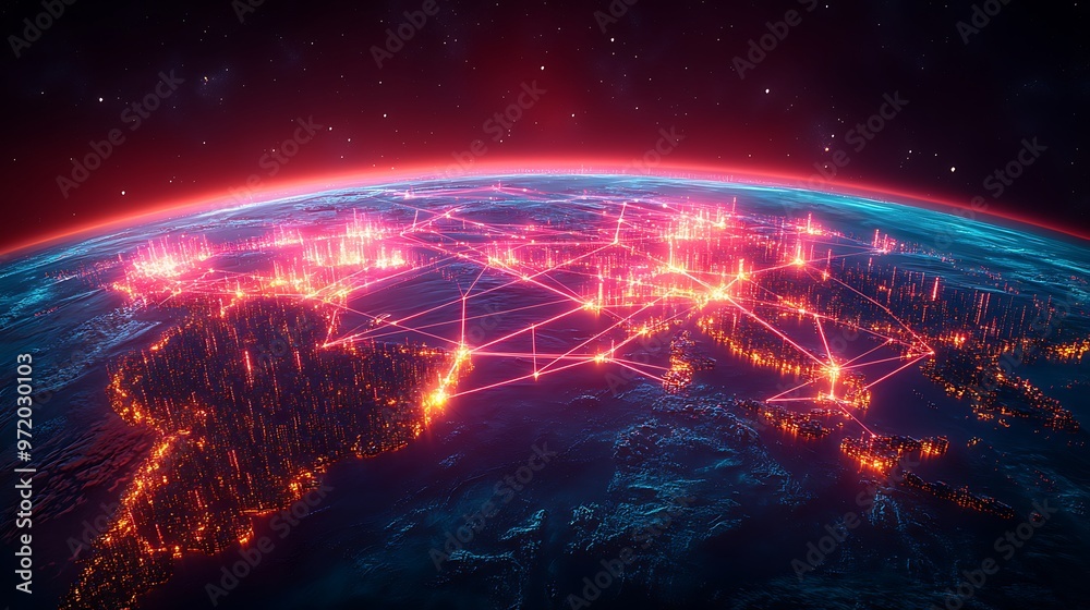A global data city seen from orbit, with continents interconnected by bright neon lines representing data and communication networks. The streams of digital energy form a web across the planet, A global data city seen from orbit, with continents interconnected by bright neon lines representing data and communication networks. The streams of digital energy form a web across the planet,