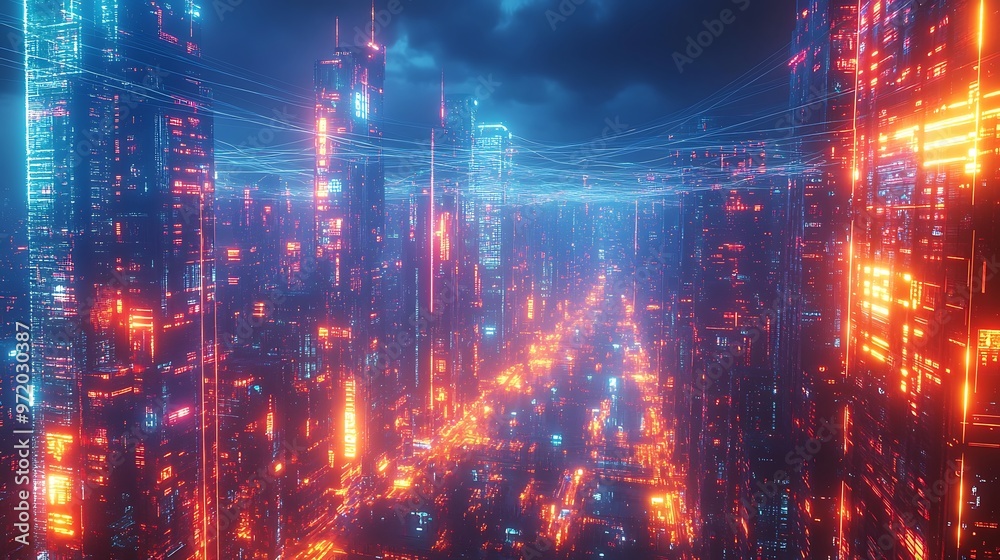 A highly developed urban center glowing with communication lines that crisscross between towering buildings and public plazas. A highly developed urban center glowing with communication lines that crisscross between towering buildings and public plazas.