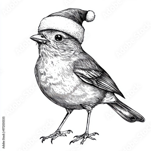 Black and white Vintage engraved art of a Robin with a Christmas Santa hat, isolated on white background, ink sketch illustration, simple vector art design, highly detailed line art, high contrasty photo